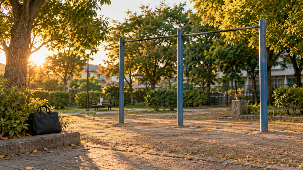 夕方の公園にある鉄棒と、会社帰りを思わせる仕事かばん