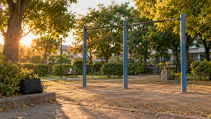 夕方の公園にある鉄棒と、会社帰りを思わせる仕事かばん