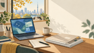 AIを活用してブログと退職準備を進める、ノートPC・書類・コーヒーと窓辺で眠る猫のある机