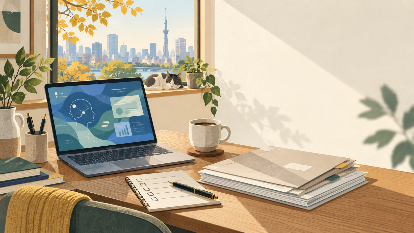 AIを活用してブログと退職準備を進める、ノートPC・書類・コーヒーと窓辺で眠る猫のある机