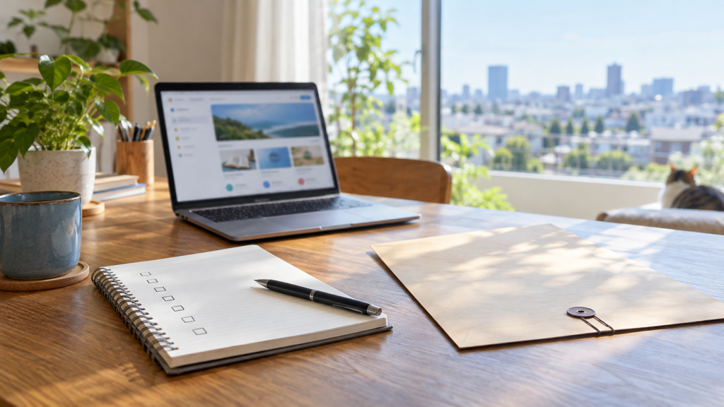 職業訓練の申請準備をイメージした、ノート、ペン、書類用封筒、ノートPCが置かれた明るい机